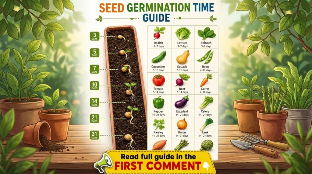 An infographic showing the stages of seed germination over 21 days in a planter box and a grid displaying 18 different v
