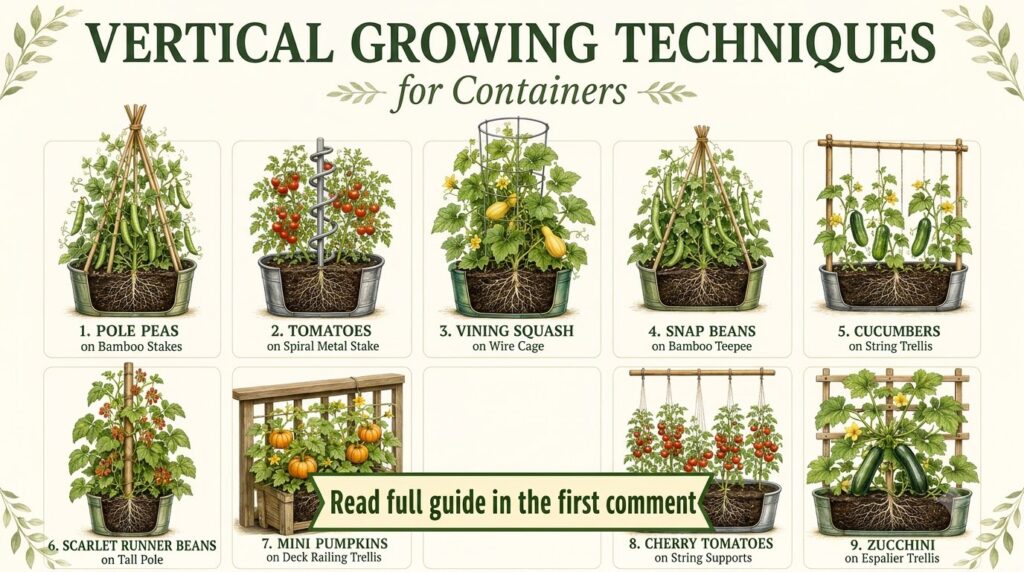 An infographic showing nine different vertical growing techniques for various plants in containers including pole peas t