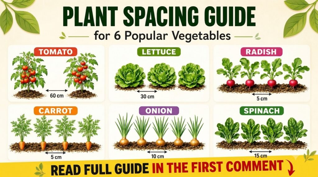 An infographic showing ideal plant spacing for 6 popular vegetables Tomato Lettuce Carrot Radish Onion and Spinach with