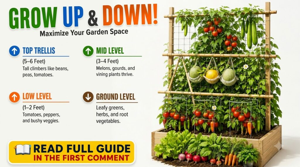A vibrant multi-tiered vertical garden system showcasing various vegetables like cucumbers tomatoes melons peppers lettu