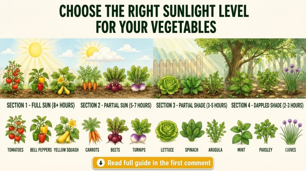 An infographic showing different garden scenes with various sunlight levels Full Sun Partial Sun Partial Shade Dappled S