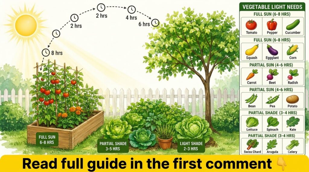 An infographic showing a Sunlight Requirement Guide for vegetables with categories for full sun partial sun and partial 
