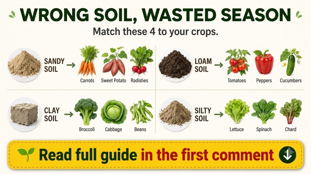 An infographic showing four types of soil Sandy Clay Loam Silty each paired with three thriving vegetables The design is