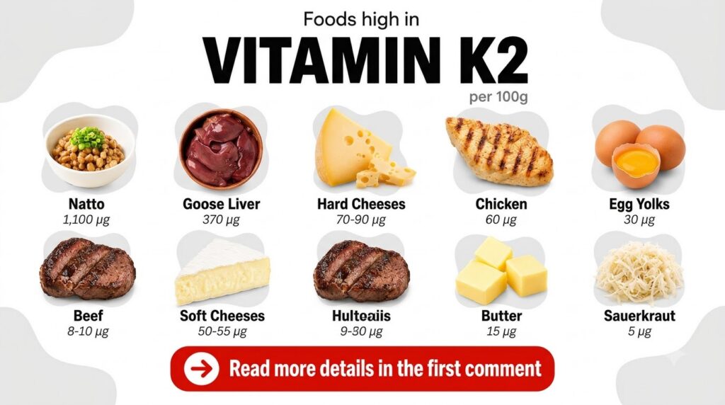Infographic showing nine foods high in Vitamin K2 with their names and K2 content per 100g in a 3x3 grid layout against 