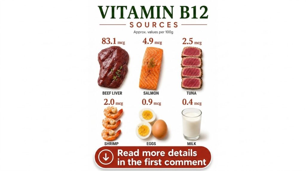 Infographic showing six food sources of Vitamin B12 beef liver salmon tuna shrimp eggs and milk with their approximate B