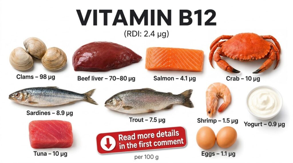 An infographic showing various food sources rich in Vitamin B12 arranged in a grid on a white background Foods include c