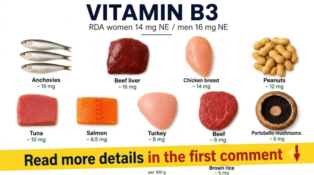 An infographic displaying various foods rich in Vitamin B3 clearly labeled with their B3 content per 100g against a clea