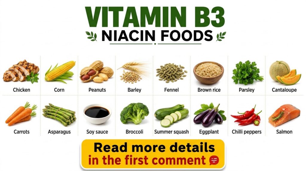 An infographic titled VITAMIN B3 NIACIN FOODS showing a grid of 16 different food items rich in Vitamin B3 such as chick