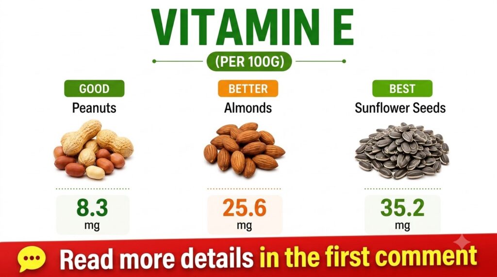 Infographic comparing Vitamin E content per 100g in peanuts almonds and sunflower seeds categorized as Good Better and B