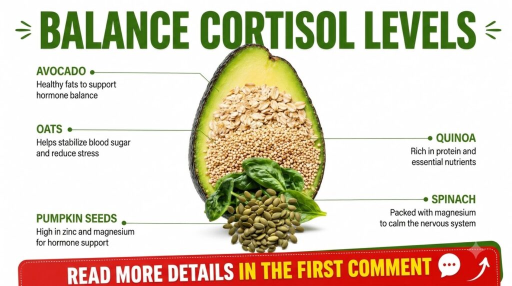 An infographic featuring a cross-section of an avocado filled with oats and quinoa with spinach leaves and pumpkin seeds