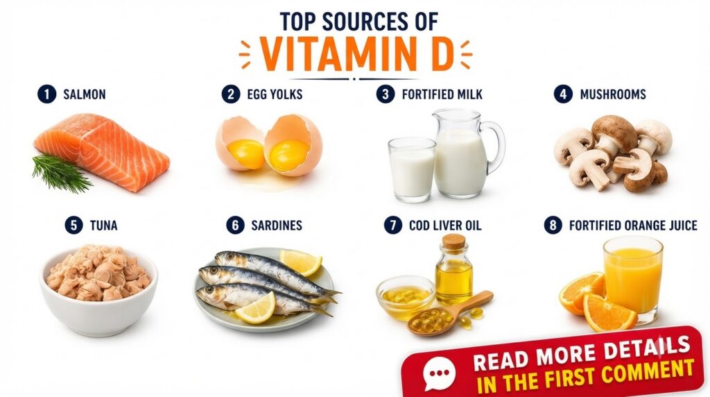 An infographic titled TOP SOURCES OF VITAMIN D displaying various foods and supplements like salmon milk eggs orange jui