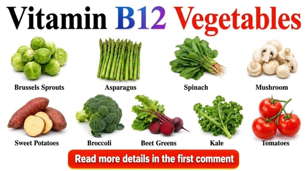 An infographic titled Vitamin B12 Vegetables showing nine different vegetables arranged in a grid Brussels Sprouts Aspar