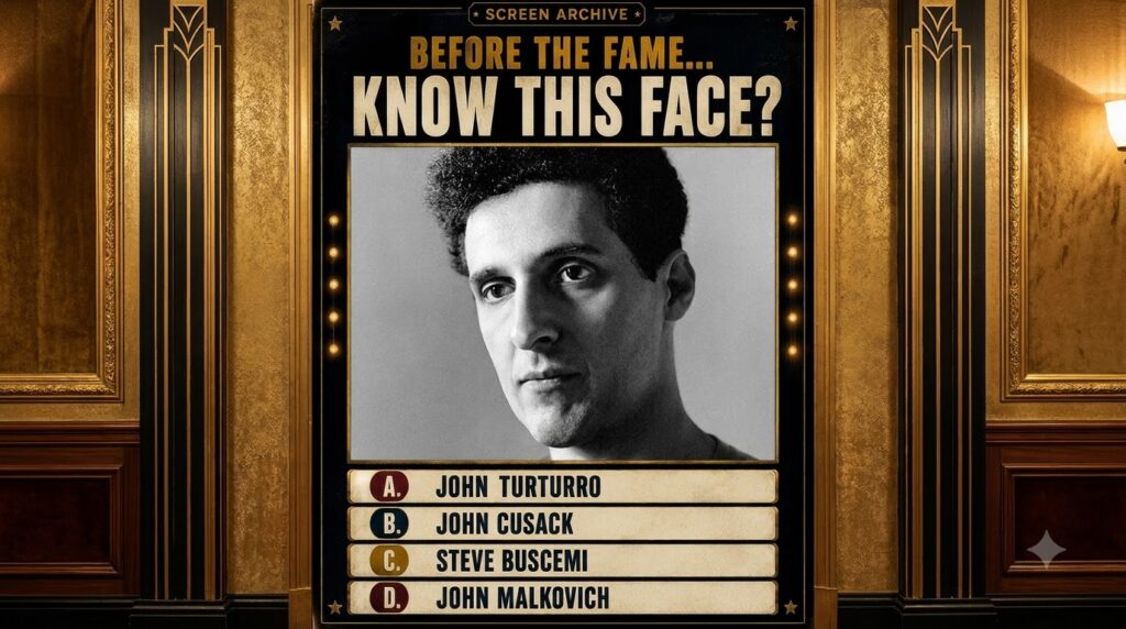 A vintage-style Screen Archive quiz poster featuring a black and white headshot of a young John Turturro centered on a t