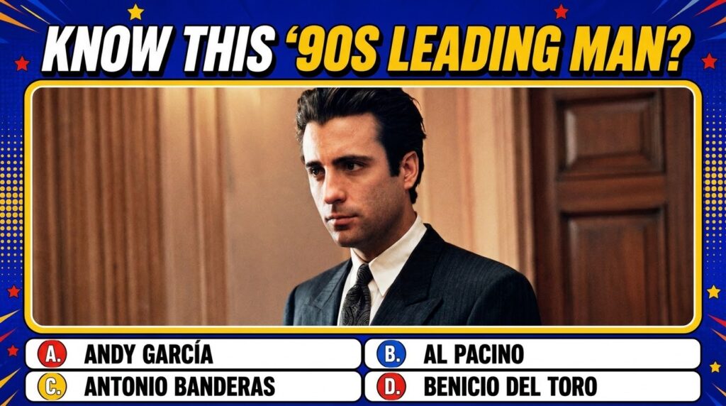 Quiz image showing a portrait of Andy García in a suit with a yellow border and a 90s pop culture background with the qu