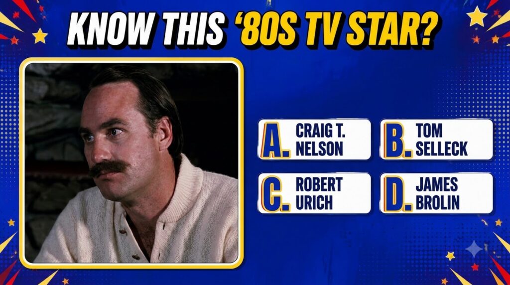 A vertical quiz graphic with a central portrait of Tom Selleck featuring his iconic mustache and a cream-colored knit sw