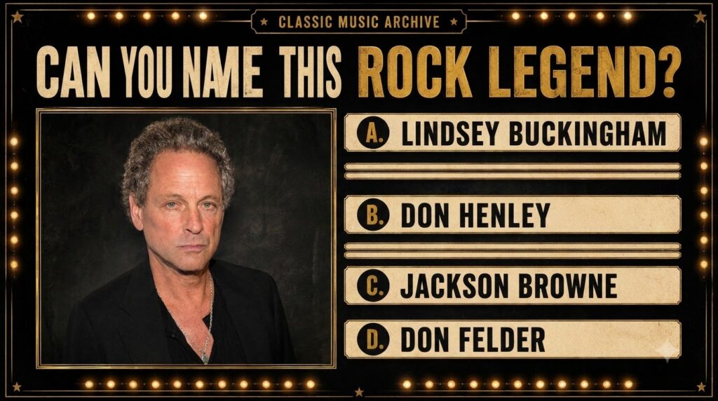 Quiz poster with a portrait of Lindsey Buckingham curly gray hair dark shirt silver chain ornate golden border theatrica