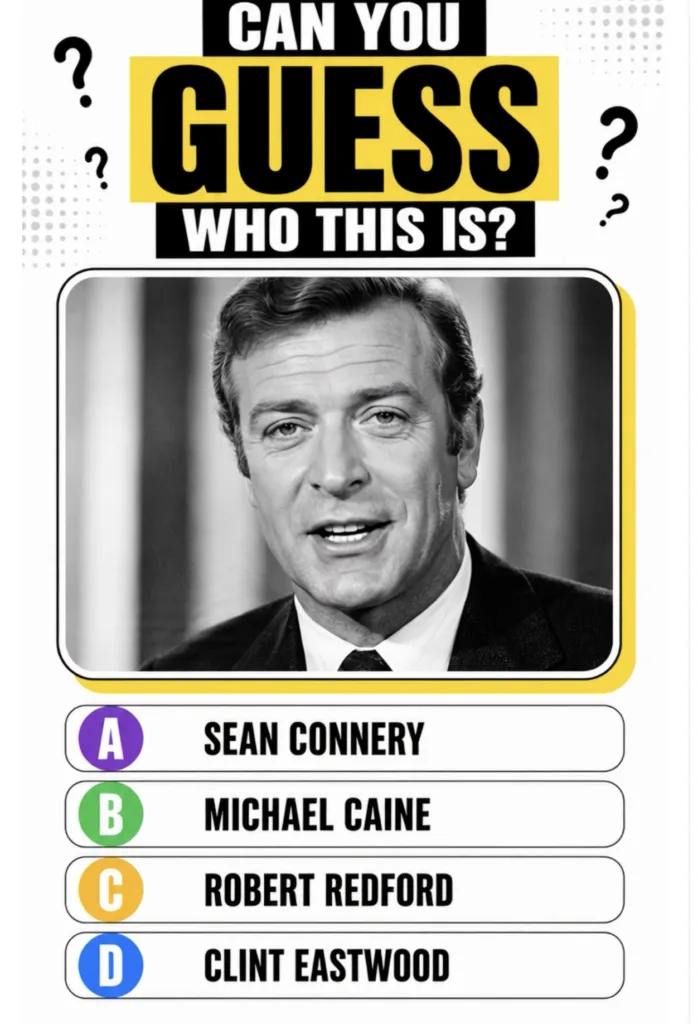 Black and white portrait of a young Michael Caine similar to the quiz image looking at the camera