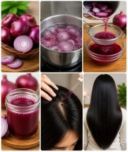 A close-up of sliced red onions and a pot of water ready to be boiled for a hair rinse