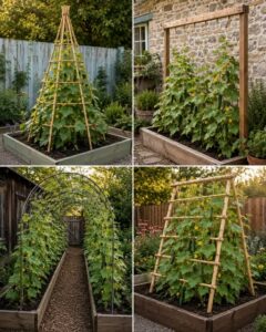 Various types of DIY trellises in a productive vegetable garden supporting climbing plants like cucumbers and beans The 