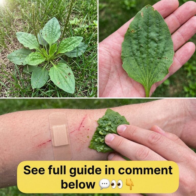 A vertical collage showing broadleaf plantain in nature a close-up of a leaf and a macerated leaf being applied to minor