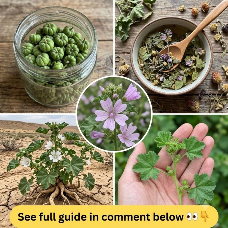 A collage showing various parts of the Mallow plant seeds in a jar dried leaves and flowers for tea a live plant with ro
