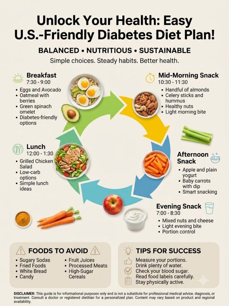 An infographic titled Unlock Your Health Easy U S -Friendly Diabetes Diet Plan showing a circular flow of meals and snac