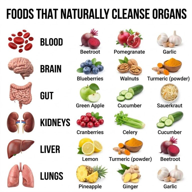 An infographic titled Foods That Naturally Cleanse Organs showing six organs Blood Brain Gut Kidneys Liver Lungs each wi