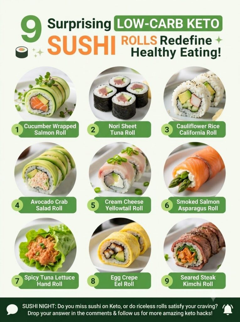 An infographic showcasing nine different low-carb keto sushi rolls each numbered with a descriptive name against a light
