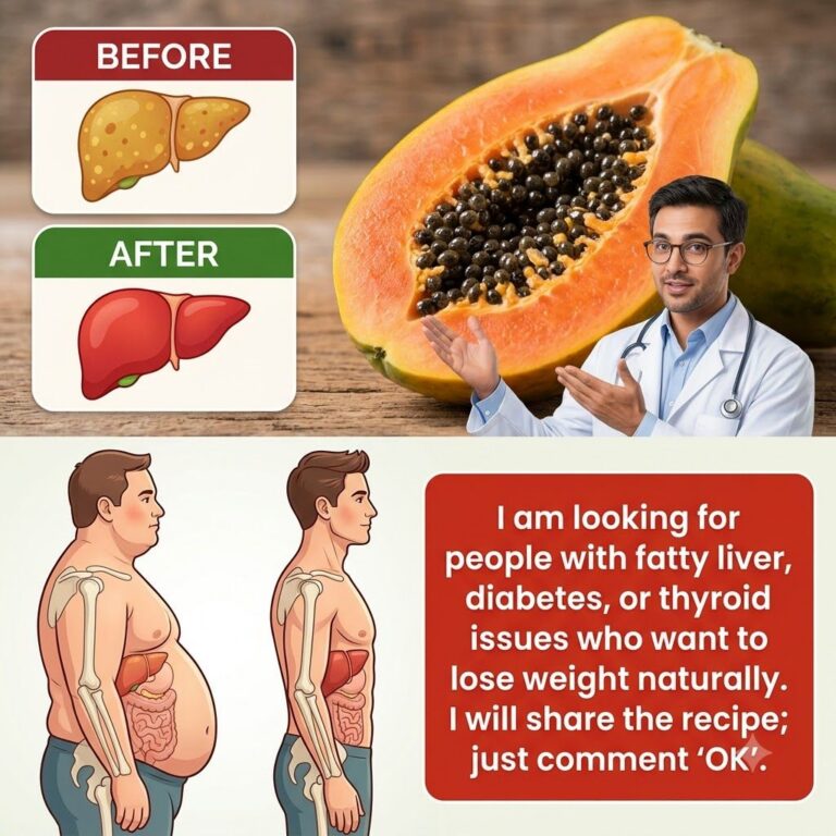 Naturista Ivan Padilla in a lab coat with a sliced papaya alongside before and after diagrams of a liver and body illust