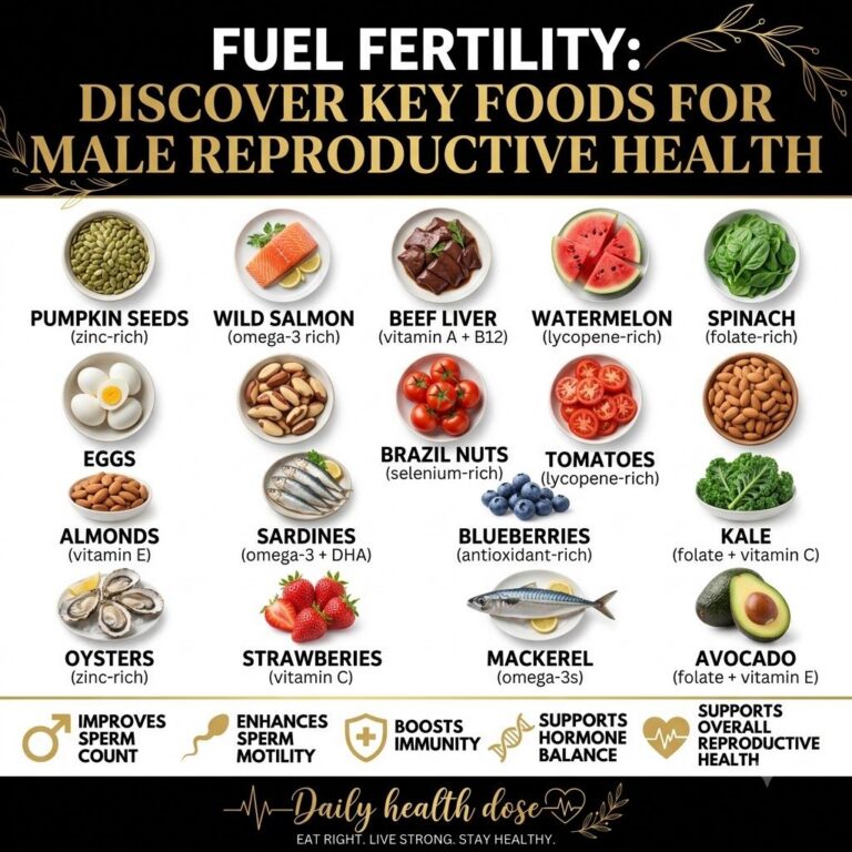 A vibrant flat lay of various fertility-supporting foods like salmon walnuts spinach tomatoes and berries arranged aesth