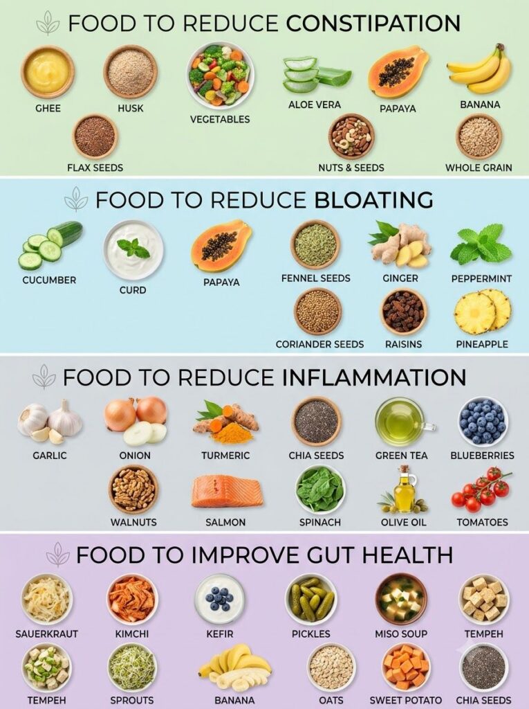 A comprehensive infographic detailing foods beneficial for gut health categorized into sections for reducing constipatio