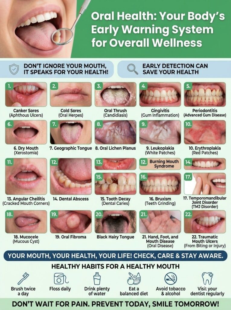 A comprehensive infographic titled Oral Health Your Body s Early Warning System for Overall Wellness featuring various o