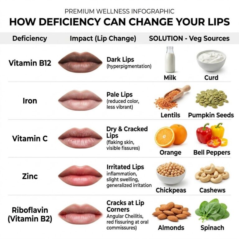 An infographic titled HOW DEFICIENCY CAN CHANGE YOUR LIPS showing five different nutrient deficiencies Vitamin B12 Iron 