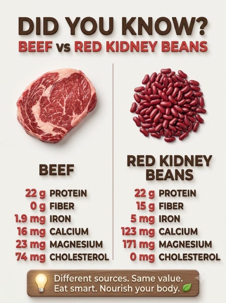 Infographic comparing the nutritional values of beef and red kidney beans highlighting protein fiber iron calcium magnes