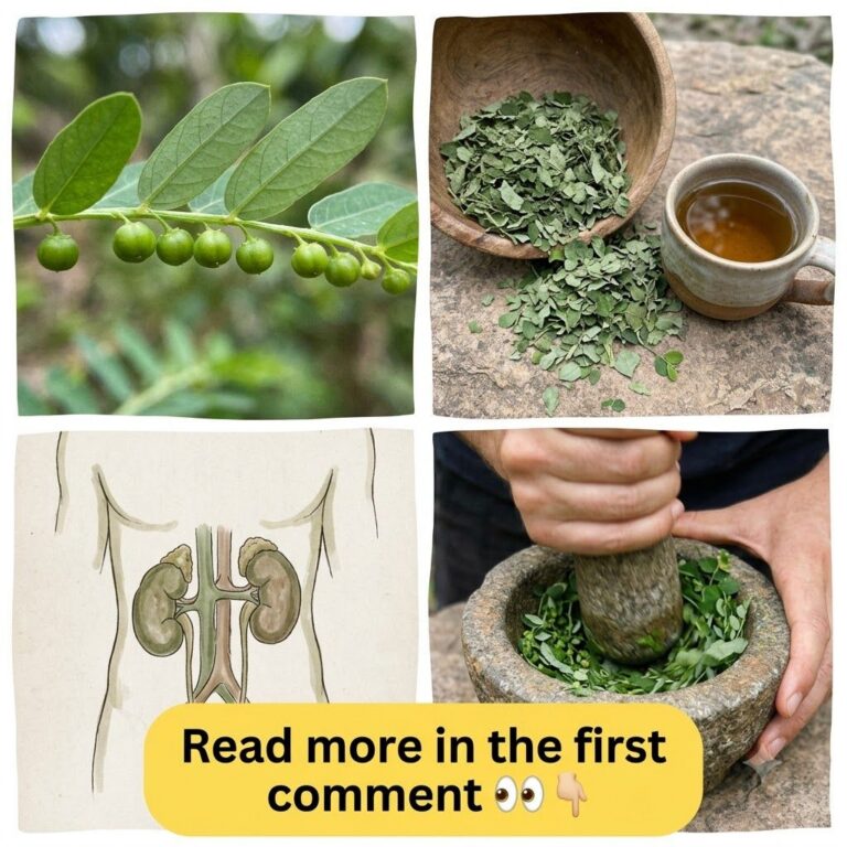 A four-panel collage featuring fresh Phyllanthus Niruri plant dried leaves herbal tea an anatomical illustration of kidn