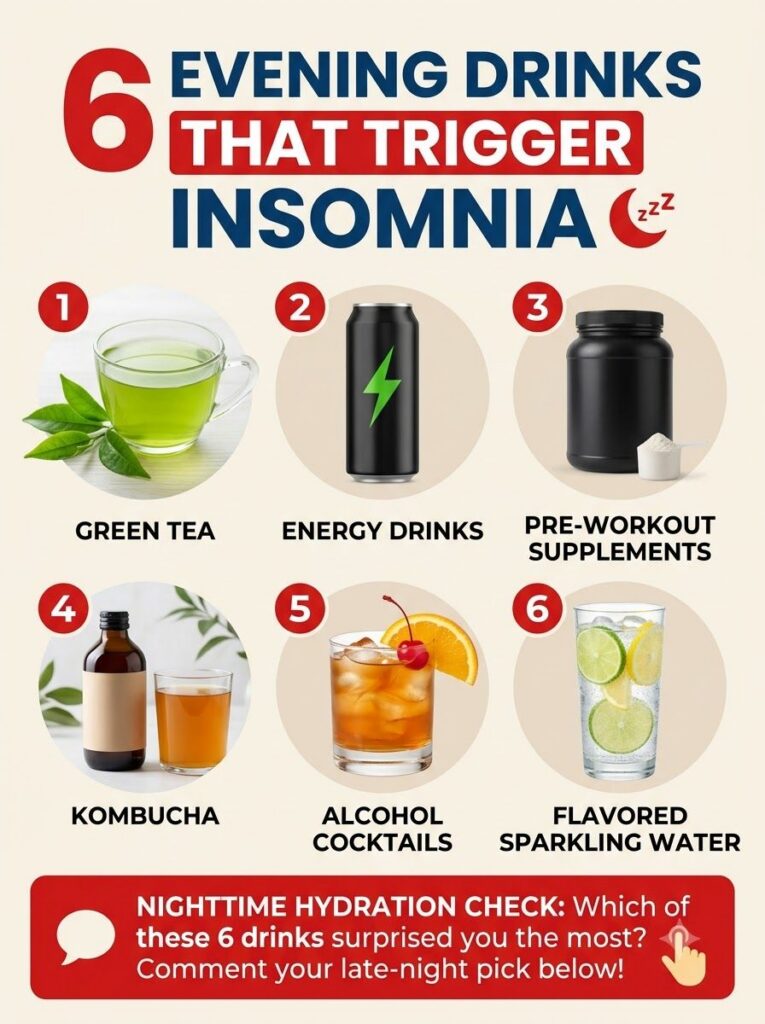 An infographic titled 6 Evening Drinks That Trigger Insomnia featuring illustrations of Green Tea Energy Drinks Pre-work