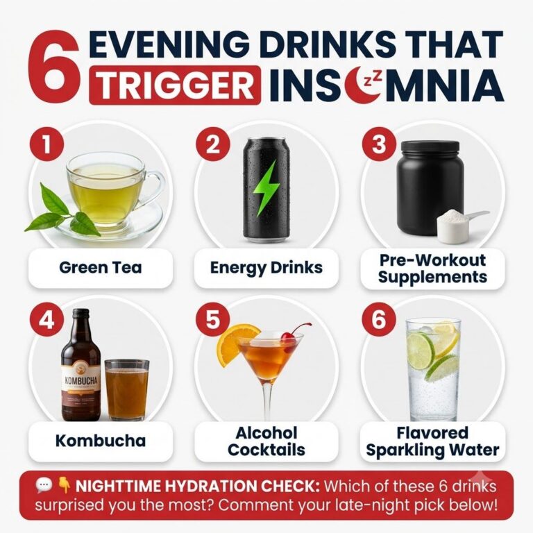 An infographic titled 6 Evening Drinks That Trigger Insomnia featuring circular images of green tea energy drinks pre-wo