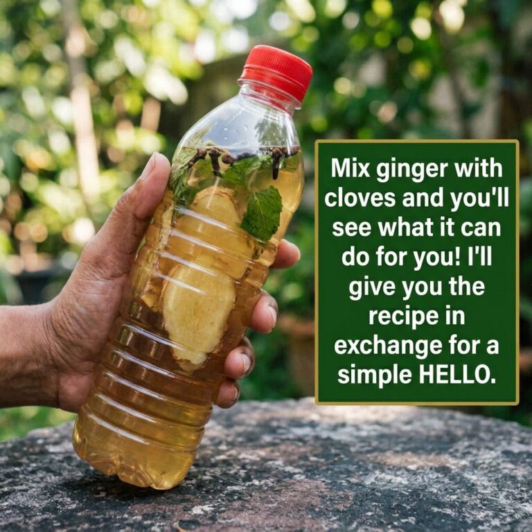 A clear bottle filled with a yellowish-golden liquid infused with sliced ginger fresh mint leaves and whole cloves The b