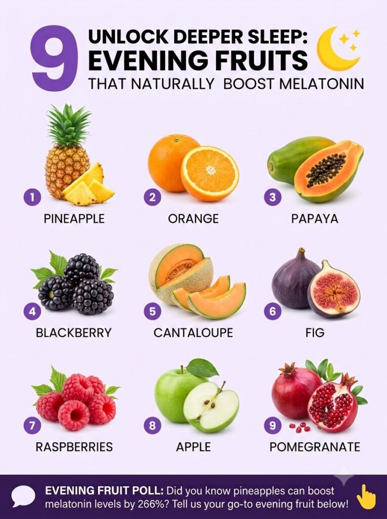 An infographic detailing 9 evening fruits that naturally boost melatonin for deeper sleep featuring images of pineapple