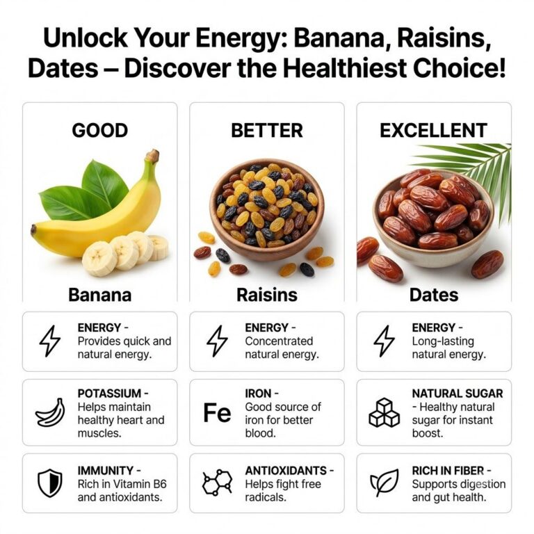 An infographic comparing the nutritional benefits of bananas raisins and dates with sections for Good Better and Excelle