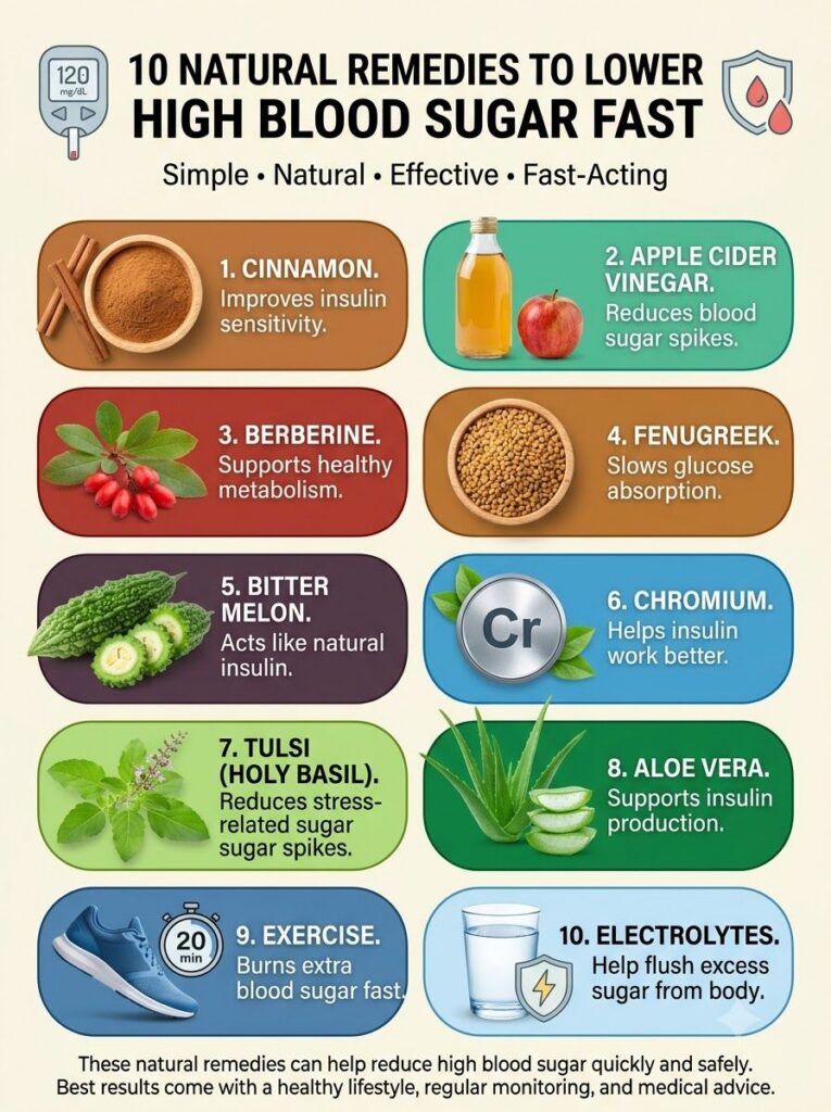 An infographic titled 10 NATURAL REMEDIES TO LOWER HIGH BLOOD SUGAR FAST with visual icons for each remedy like Cinnamon