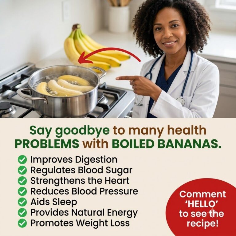 A smiling woman in a doctor s coat pointing to a pot of bananas boiling on a stovetop with text highlighting the health 