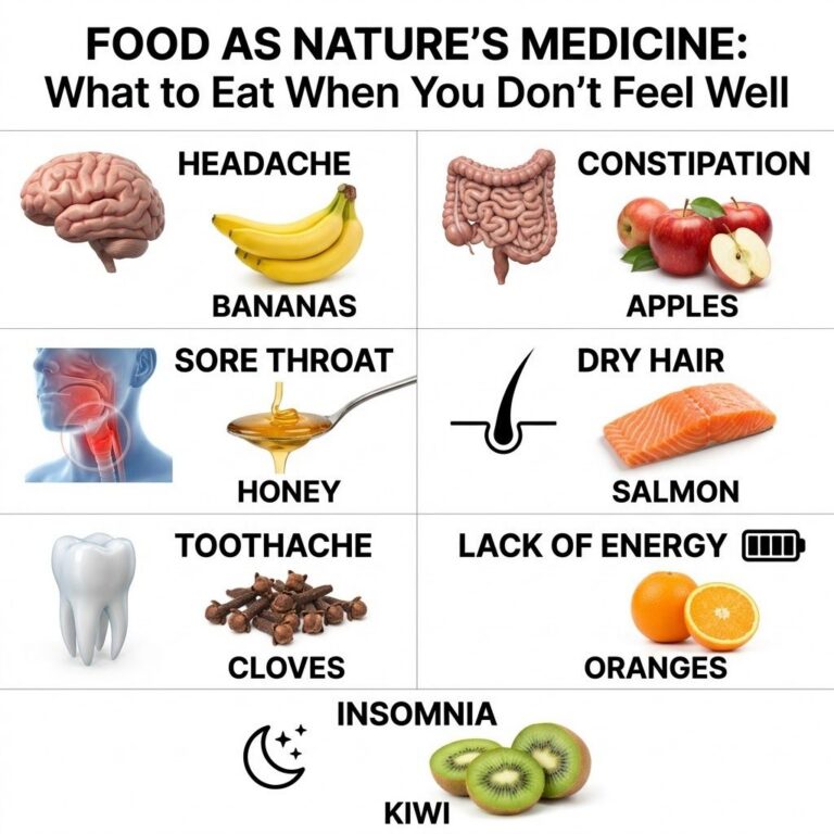 An infographic titled FOOD AS NATURE S MEDICINE What to Eat When You Don t Feel Well showing seven sections each with an