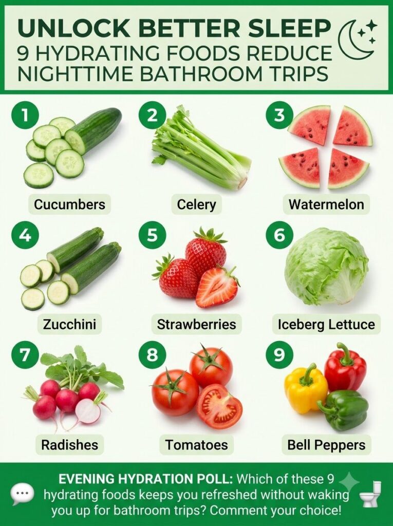 An infographic showing 9 hydrating foods like cucumber watermelon celery lettuce strawberries peaches bell peppers spina