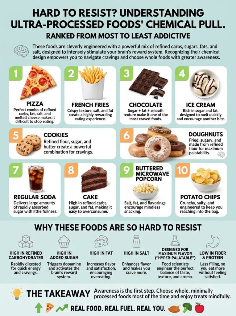 Infographic showing a ranking of 10 ultra-processed foods from most to least addictive with explanations for their chemi