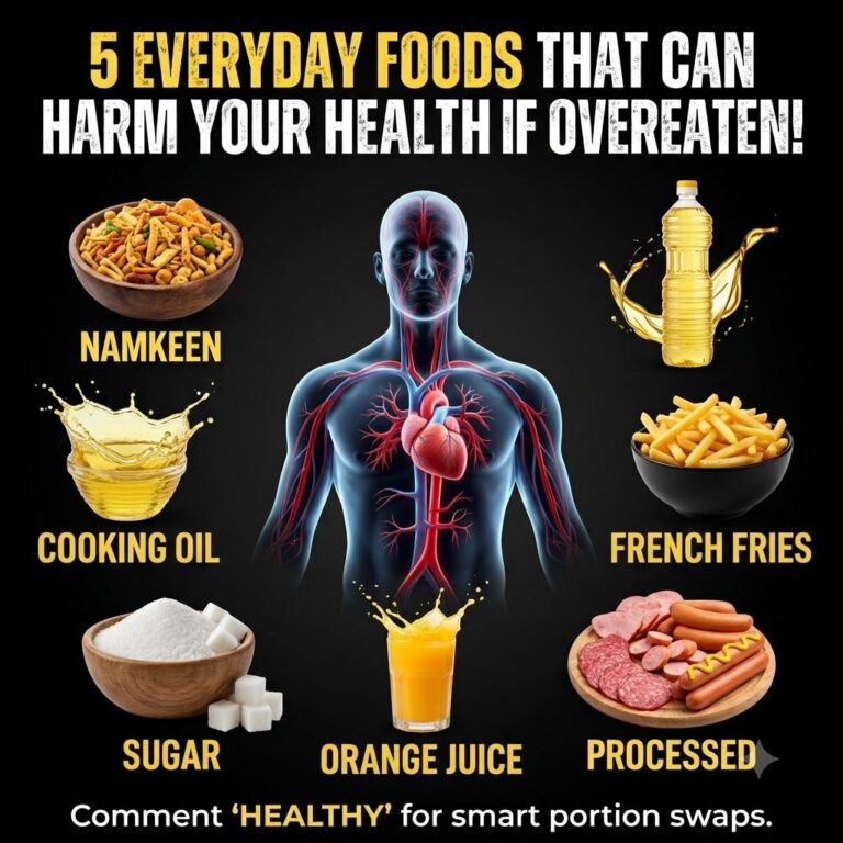 An infographic showing a stylized human figure with a prominent circulatory system surrounded by six common food items N