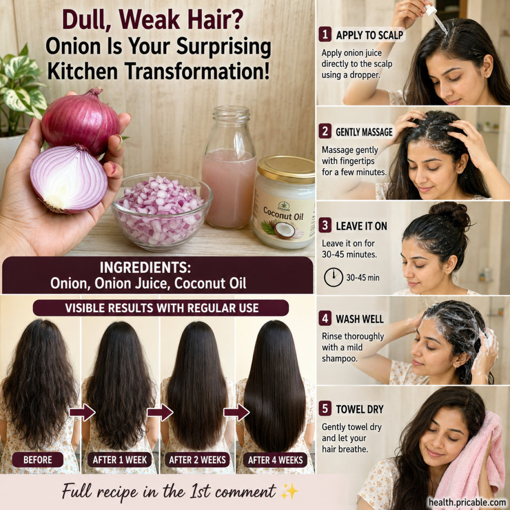 Woman holding a red onion and a jar of coconut oil with bottles of onion juice demonstrating DIY hair remedy ingredients
