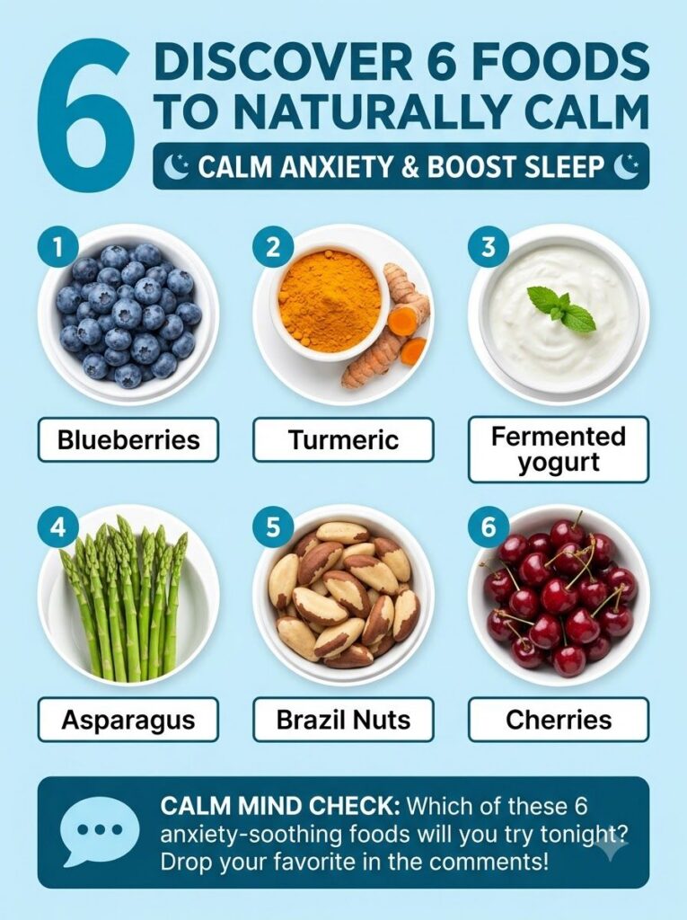 An infographic titled DISCOVER 6 FOODS TO NATURALLY CALM ANXIETY BOOST SLEEP featuring six food items blueberries turmer
