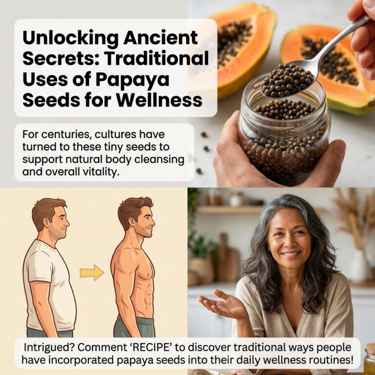 A top-down shot of a halved papaya fruit and a jar filled with papaya seeds with a spoon scooping them set against a nat