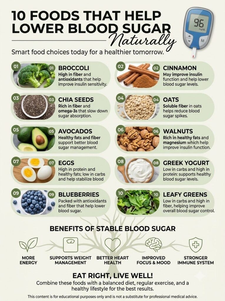 An infographic titled 10 FOODS THAT HELP LOWER BLOOD SUGAR Naturally showing various food items a blood sugar monitor an